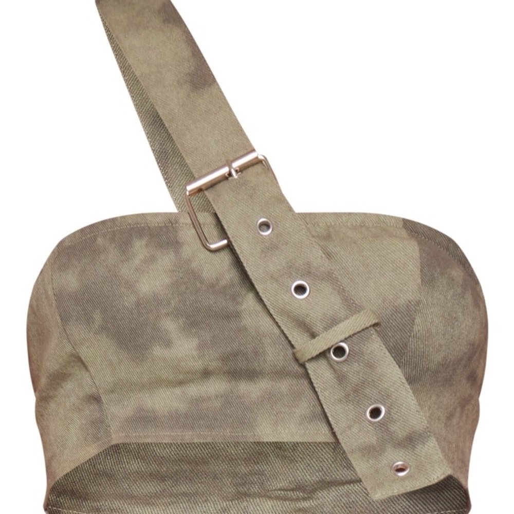 PrettyLittleThing Olive Camouflage Strapless Crop Top
